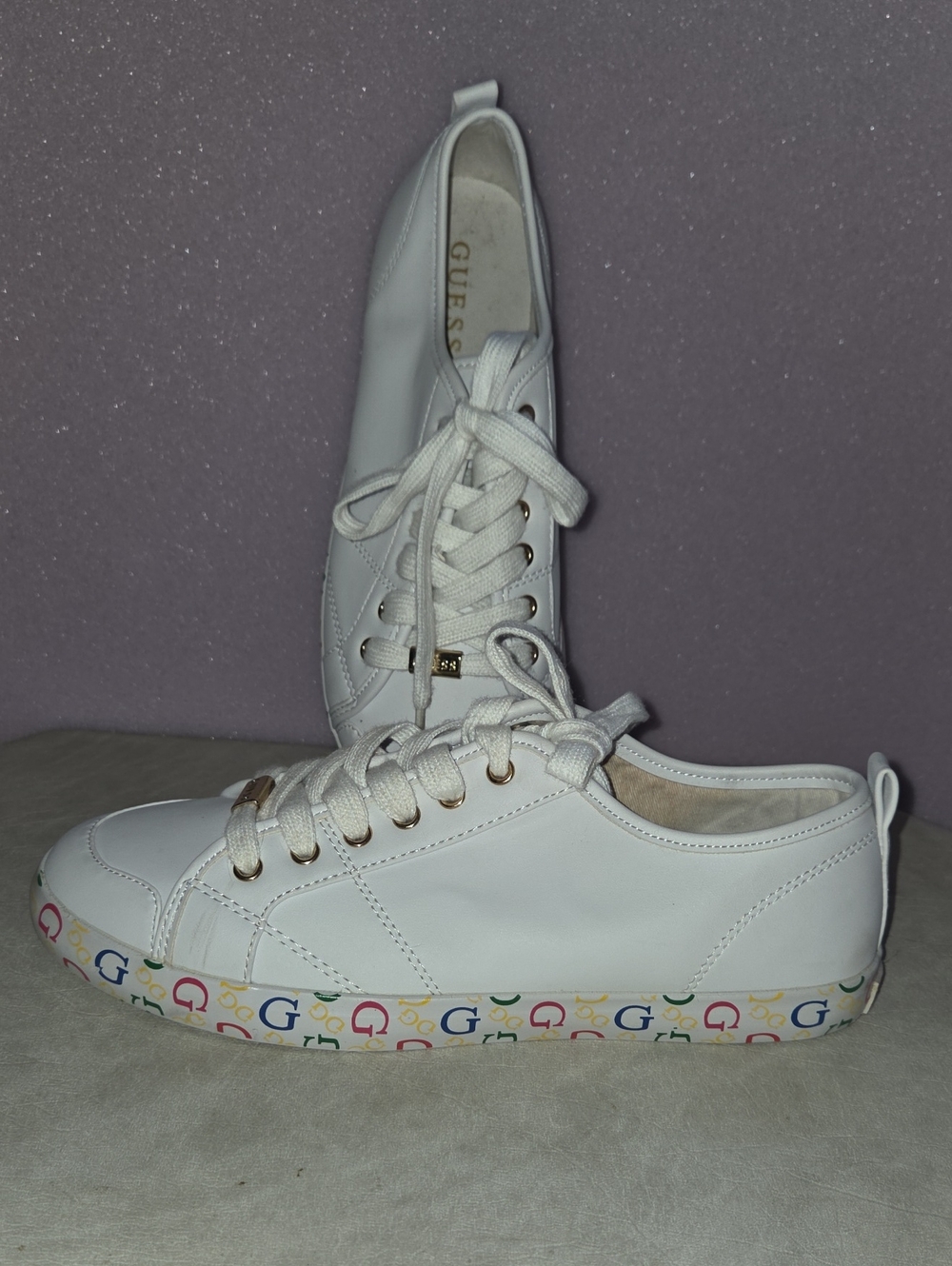 GUESS White Faux Leather Rainbow Logo Sneakers 9.5M